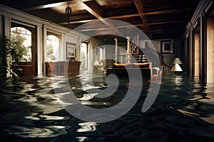 Interior of a hotel room with swimming pool and stairway, Flooded house with rooms full of water, AI Generated