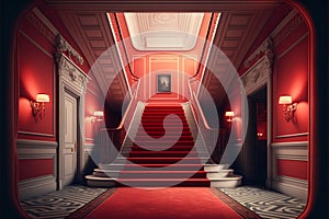 Interior hotel with stairs covered red carpet. Generative AI