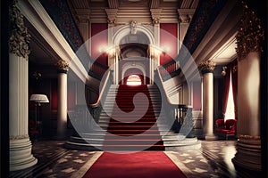 Interior hotel with stairs covered red carpet. Generative AI