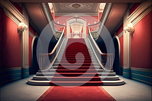 Interior hotel with stairs covered red carpet. Generative AI