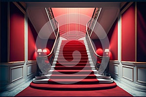 Interior hotel with stairs covered red carpet. Generative AI