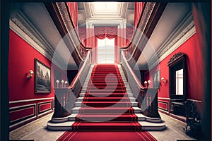 Interior hotel with stairs covered red carpet. Generative AI