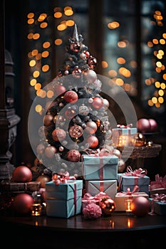 interior of house decorated for Christmas or New Year\'s holiday, gifts, fir tree, winter season