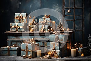 interior of house decorated for Christmas or New Year's holiday, gifts, fir tree, winter season