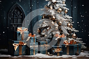 interior of house decorated for Christmas or New Year\'s holiday, gifts, fir tree, winter season