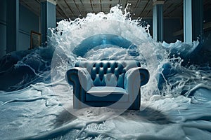 Interior of the house flooded with water. Water floods the room with the armchair. Mental health concept, safe place. Panic attack