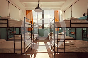 Interior of a house with bunk beds. Light bedroom with clean sheets