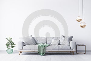 Interior house with simple white background mock up. grey velvet sofa with green plaid on . modern space concept. 3d render. Illus