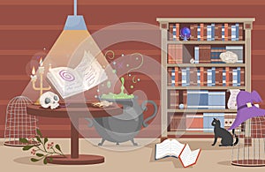 Interior of the house of witch vector flat cartoon illustration. Preparing poison in the cauldron, shelves with books.