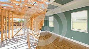 Before and After Interior of House Wood Construction Framing and Finished Build