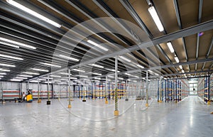 Interior of huge empty storehouse. Industrial warehouse racking.