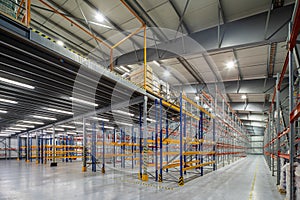 Interior of huge empty storehouse. Industrial warehouse racking.