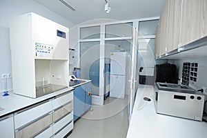 Interior of the Human Milk Bank laboratory: lab lockers, tables milk heating box, freezers, milk pasteryzator