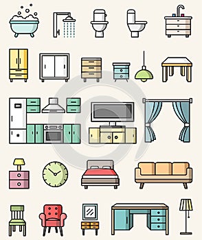 Interior objects flat style colorful icons vector set