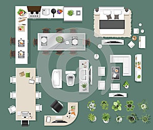 Interior icons top view, tree ,furniture, bed,sofa, armchair