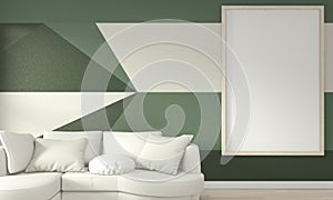 Interior Ideas of living green room Geometric Wall Art Paint Design color full style on wooden floor.3D rendering