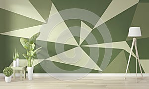 Interior Ideas of living green room Geometric Wall Art Paint Design color full style on wooden floor.3D rendering