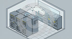 Interior illustration of a server room with a network schematic. Features multiple