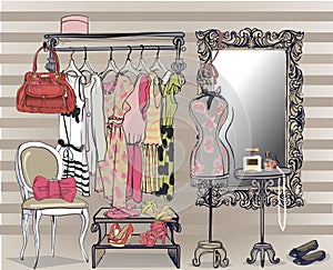 Interior illustration with women wardrobe