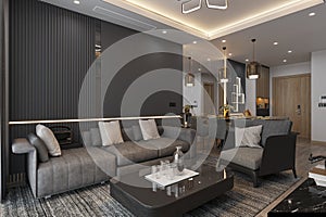 Interior of industrial Style interior with Luxurious Couch, Coffee Table, and Blackish Ava in Living room, 3D rendering
