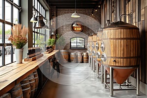 interior inside modern beer bar at a craft brewery with wooden tanks barrel for beer production