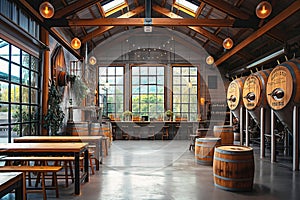 interior inside modern beer bar at craft brewery with wooden tanks for beer
