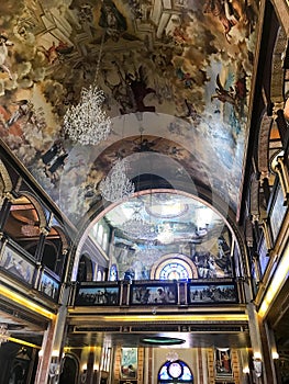 Interior inside the old orthodox Christian church in a Muslim Arab Islamic country with icons, prayers, god murals, ornaments, pai