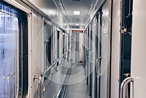 Interior inside the train carriage. Transport and travel concept