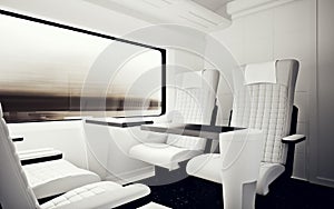 Interior Inside Vip Class Cabin Modern Fast Express Train.Nobody White Leather Chair Window.Comfortable Seat Table