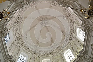 Intricate ornate decoration on a white domed ceiling the Mezquita Cordoba, Andalucia, Spain