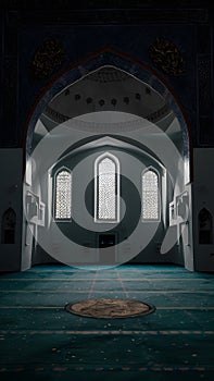 Interior Islamic Mosque Moonlight casting ethereal glow through window