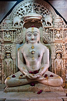 Interior of a Jain temple dedicated to Lord Mahavira at a hill top in Osian, Jodhpur in Rajasthan, India