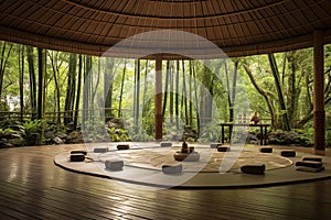 Interior of a Japanese garden with bamboo roof. 3D rendering, AI Generated photo