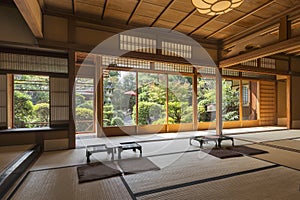 Interior of Japanese tea house with Zen Garden, Kyoto, Japan