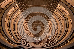 Interior of Jin Mao Tower looking down to the lobby of the Grand Hyatt Hotel, Shanghai, China