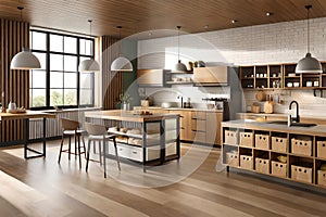 interior of the kitchen with dining table ,chirs and lights