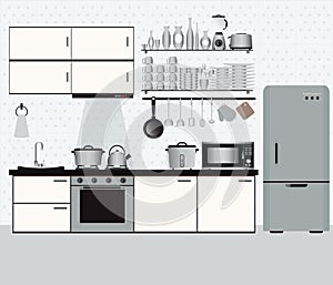 Interior kitchen with kitchen shelves and cooking utensils.