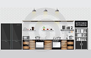 Interior kitchen with kitchen shelves and cooking utensils.