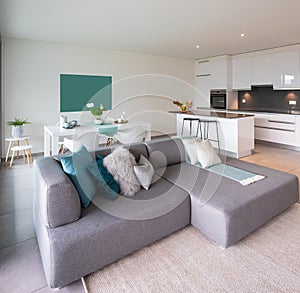 Interior of a kitchen open to the living room and dining room of a modern apartment.