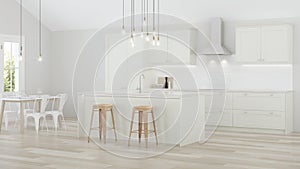 The interior of the kitchen in a private house. Bright kitchen with island.