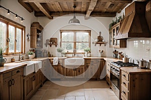 Interior of kitchen in rustic style with vintage kitchen ware and window. White furniture and wooden decor in bright indoor. Count