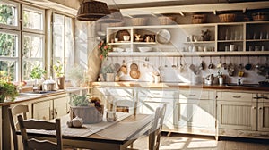 Interior of kitchen in rustic style. White furniture and wooden decor in bright cottage indoor.