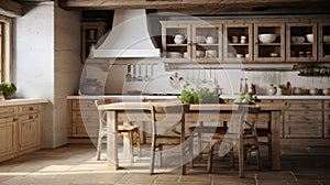 Interior of kitchen in rustic style. White furniture and wooden decor in bright cottage indoor.