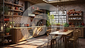 Interior of kitchen in rustic style. White furniture and wooden decor in bright cottage indoor.