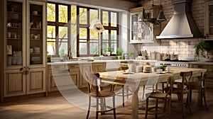 Interior of kitchen in rustic style. White furniture and wooden decor in bright cottage indoor.