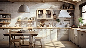 Interior of kitchen in rustic style. White furniture and wooden decor in bright cottage indoor.