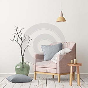 Interior in lag style with an armchair. Scandinavian style.