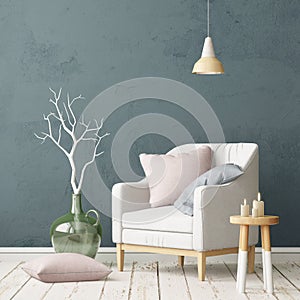 Interior in lag style with an armchair. Scandinavian style.