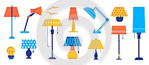 Interior lamp. Cartoon light decorative elements. Table and floor lighting. Modern or retro lampshades. Isolated
