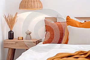 interior lamp orange modern fall home decor white pillow design bed. Generative AI.